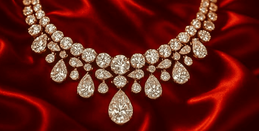 An ornate gemstone necklace on a red velvet background